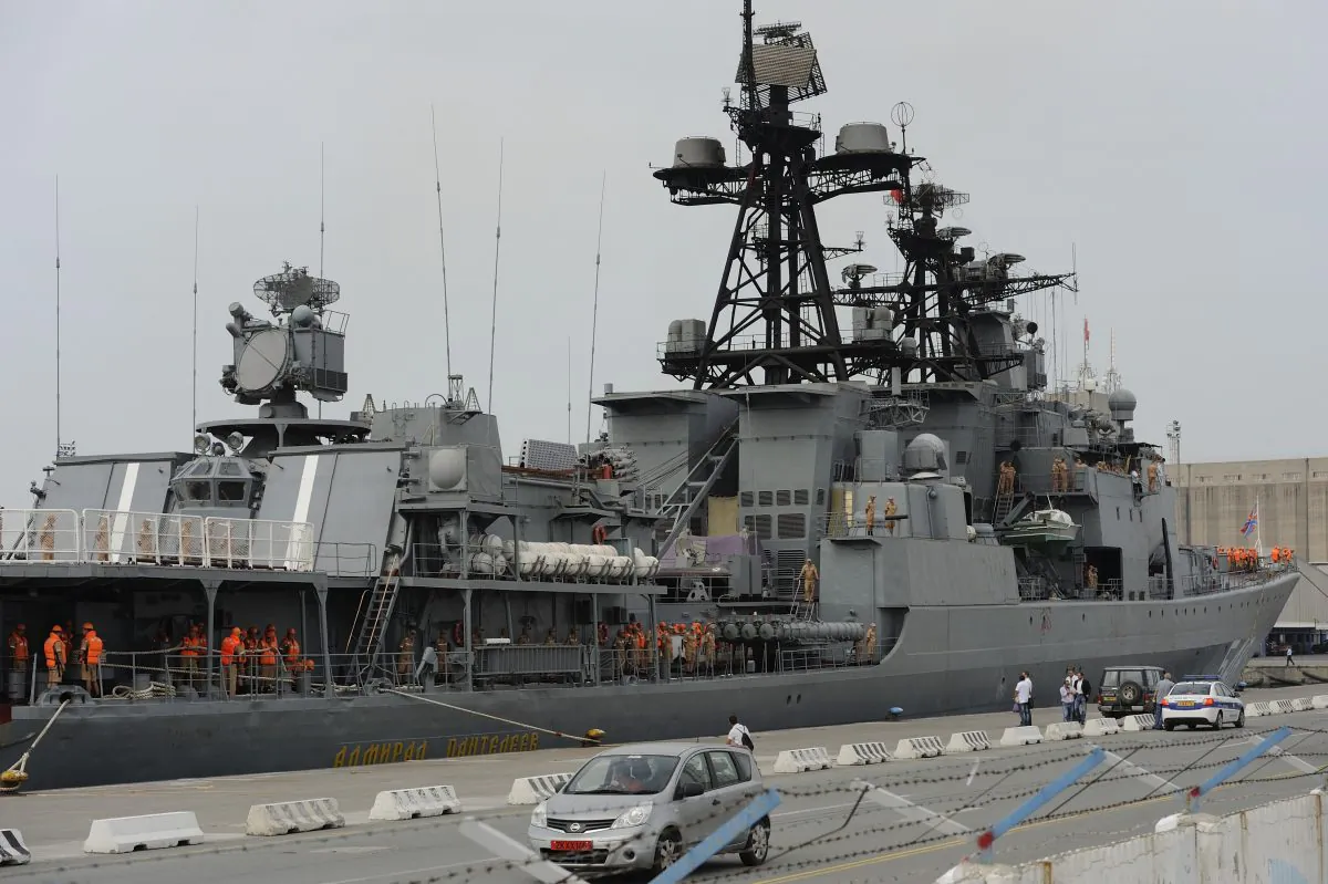 Russian sailors are seen aboard the Admiral Panteleyev Russian war ship moored at the Cypriot port of Limassol, on May 17, 2013. (Pavlos Vrionides/AP Photo)