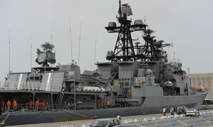 Russian sailors are seen aboard the Admiral Panteleyev Russian war ship moored at the Cypriot port of Limassol, on May 17, 2013. (Pavlos Vrionides/AP Photo)
