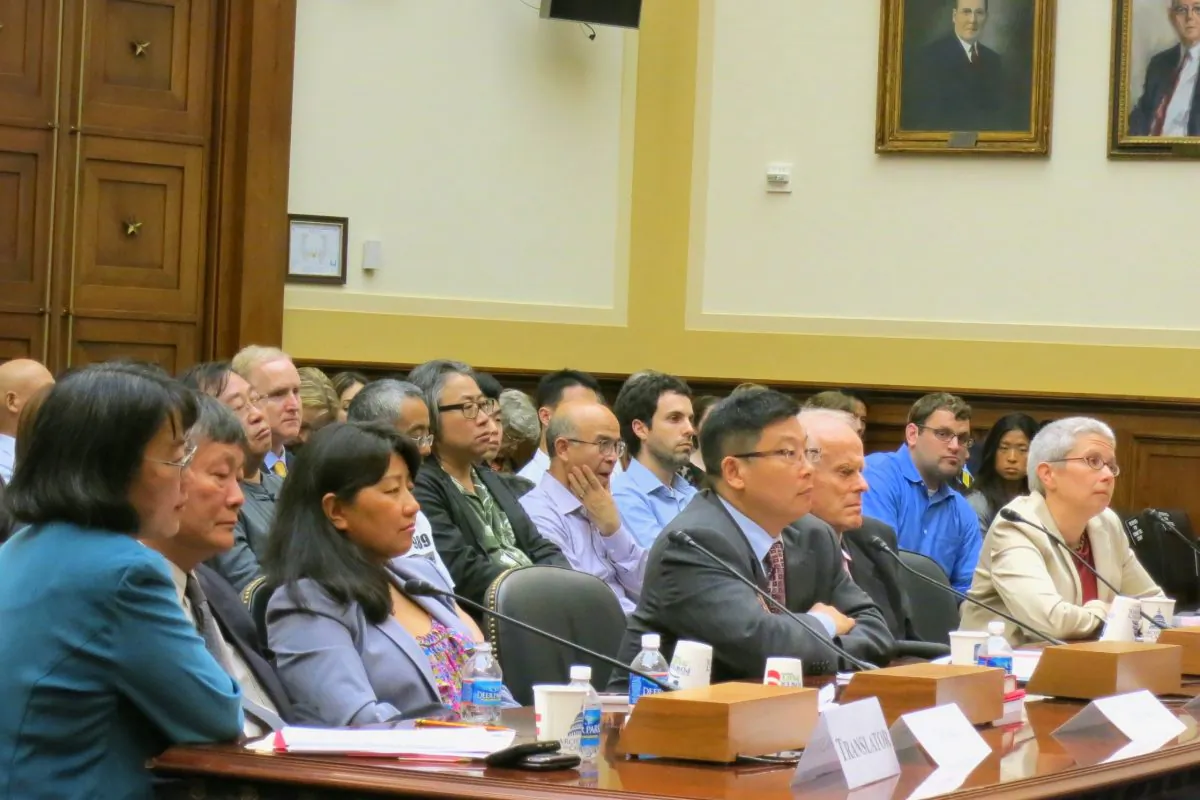 On June 3, Rep. Chris Smith convened a hearing marking the occasion of the 24th anniversary of the Tiananmen Square massacre of June 4, 1989. From left to right: Ciping Huang, the assistant and translator of Wei Jingsheng, a democracy activist; Wei Jingsheng; Chai Ling, a Chinese-American businesswoman and activist against forced abortion; Yang Jianli, a former Tiananmen student who runs an advocacy group promoting civil rights in China; David Aikman, a former Time Magazine reporter who witnessed the crackdown; Sophie Richardon, the China director at Human Rights Watch. (Nan Lin/The Epoch Times)