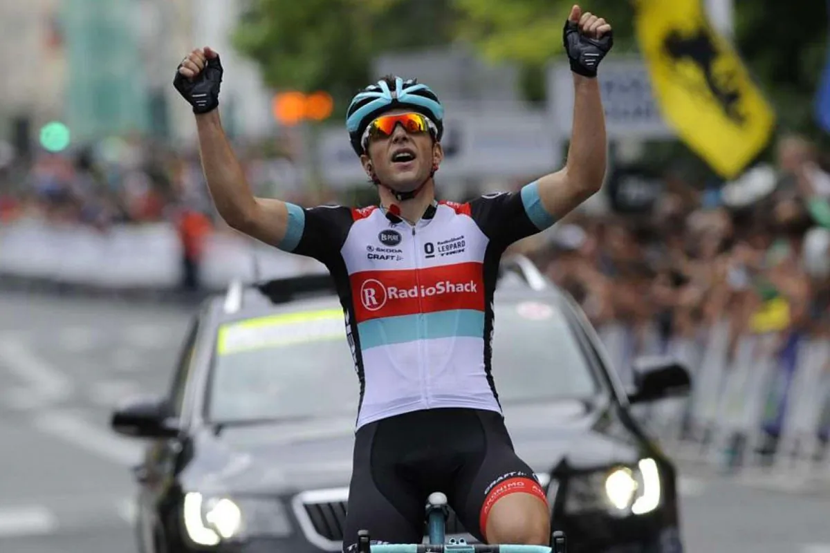 Tony Gallopin crosses the finish line to take the biggest win of his career in the Clásica San Sebastián in San Sebastián, Spain on July 27, 2013. (radioshackleopardtrek.com)