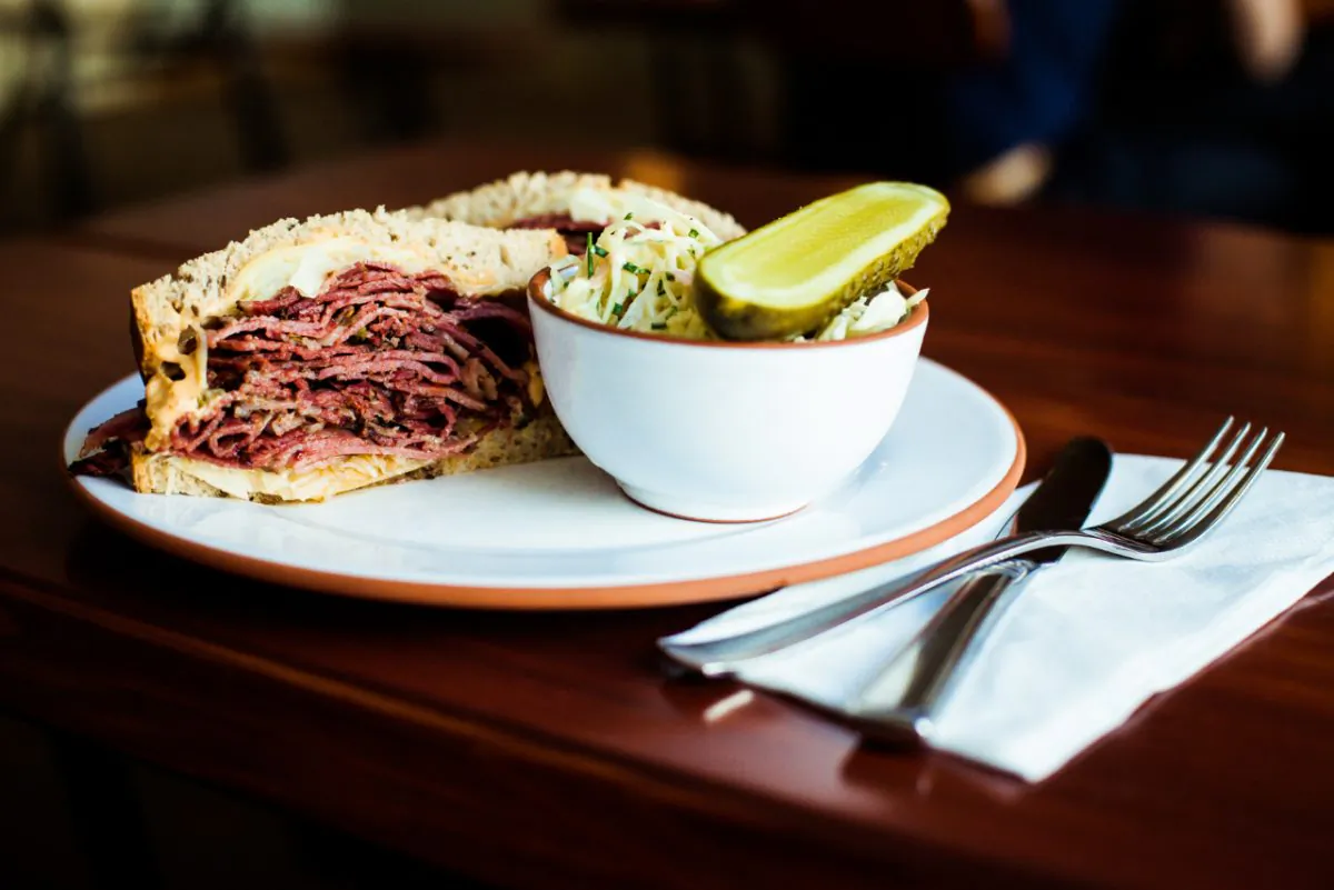 The Reuben Pastrami Sandwich at the Mogg & Melzer Delicatessen, which is part of the recently opened House of Art and Dining Culture in Berlin. (Susan James)