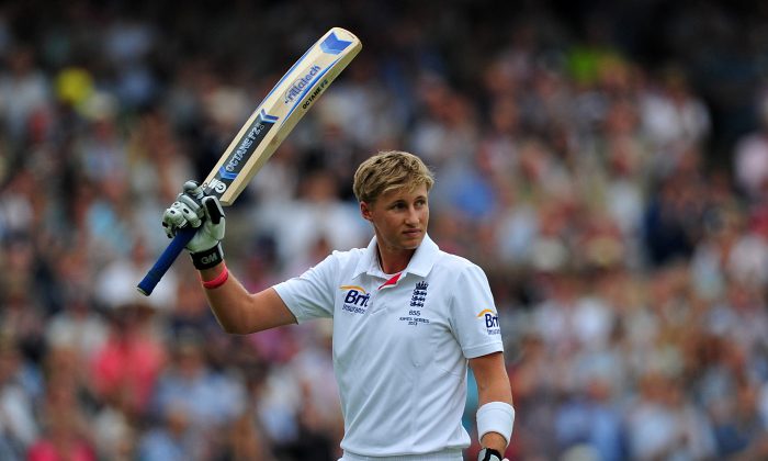 Man of the Match ... England’s Joe Root acknowledges the crowd after being dismissed on day four of the second Ashes Test match against Australia at Lord’s Cricket Ground. Root scored 180 in the second innings. (CARL COURT/AFP/Getty Images)