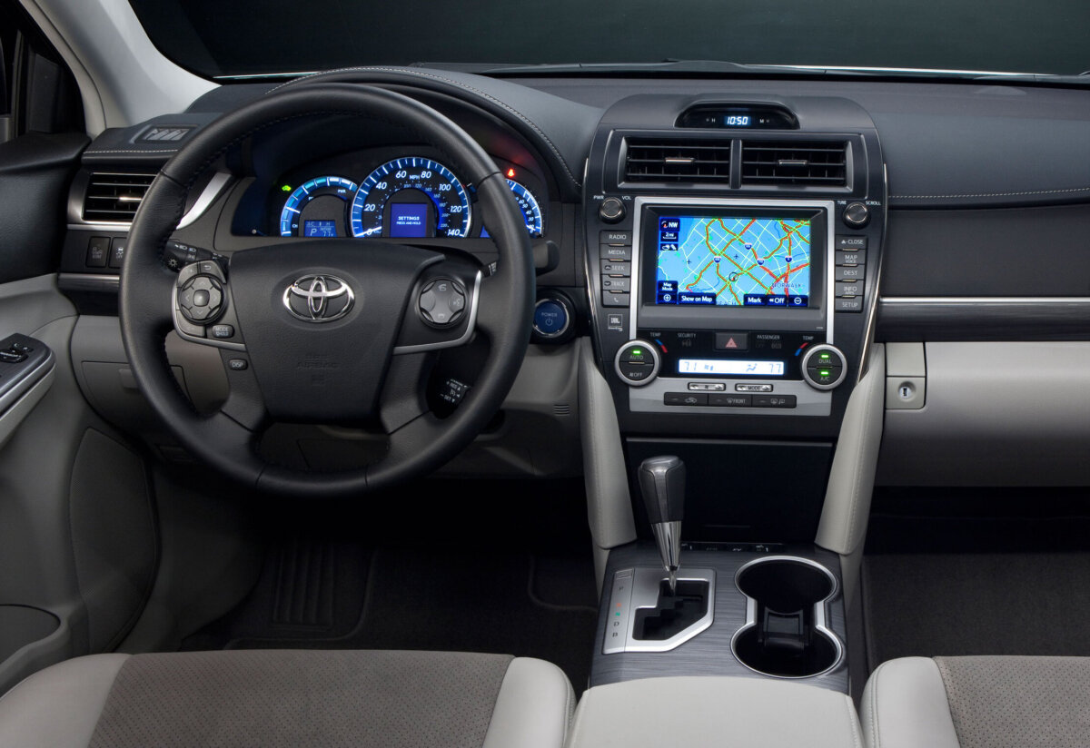 The interior of a Camry hybrid model. (Courtesy of Toyota)