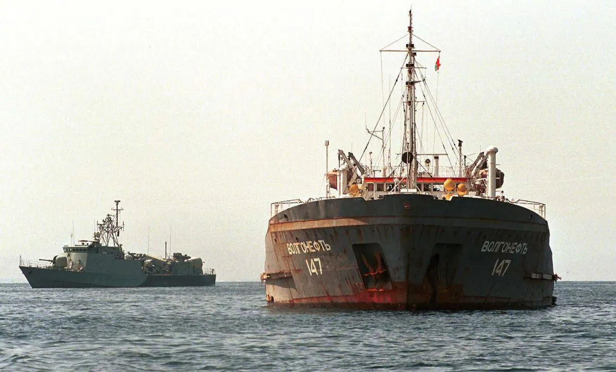 Russian oil tanker Volgoneft-147 stands under an Omani naval escort in Muscat's Mina al-Fahl port on Feb. 7, 2000. Mohamed Mahjoub/AFP/Getty Images.