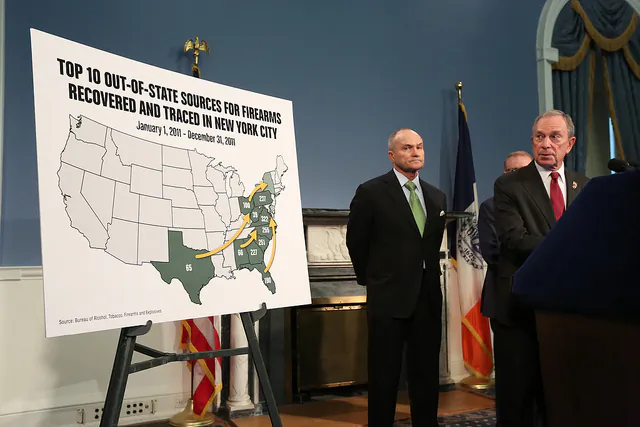 Mayor Bloomberg releases new data showing an increase in percentage of out-of-state guns used to commit crimes in New York City with Police Commissioner Kelly and Criminal Justice Coordinator Feinblatt on July 31, 2013. (Spencer T Tucker)