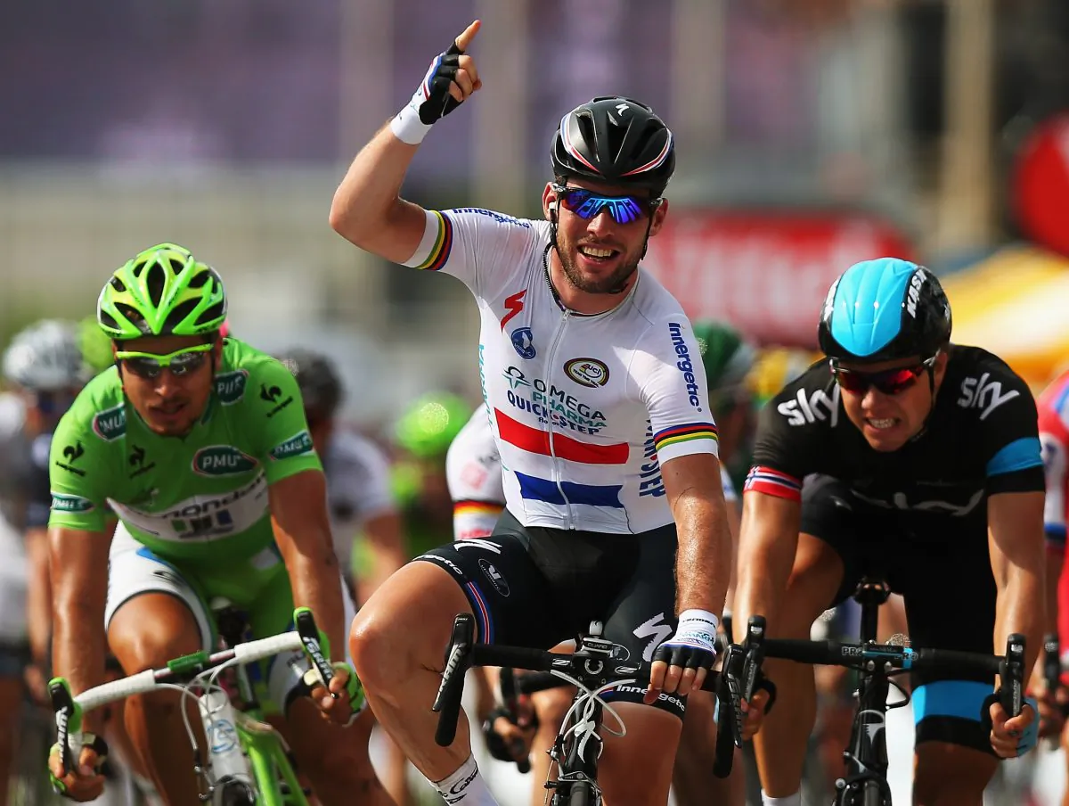Mark Cavendish of Omega Pharma-Quick Step celebrates winning Stage Five of the 2013 Tour de France, a 228.5 km road stage from Cagnes-sur-mer to Marseille, on July 3, 2013 in Marseille, France. (Bryn Lennon/Getty Images)