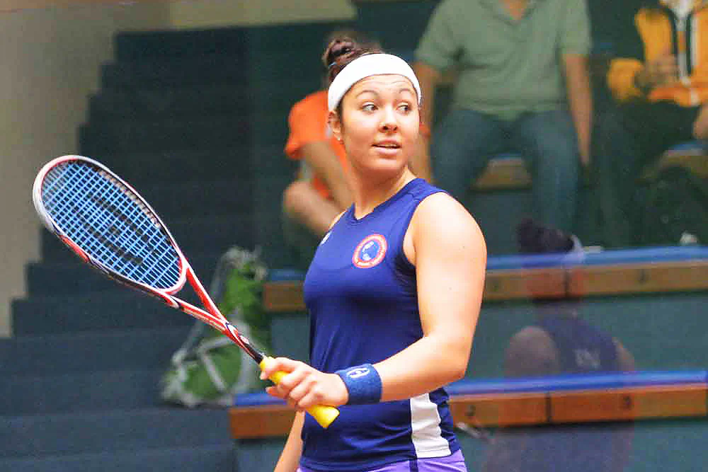 Amanda Sobhy on court at the Hong Kong Squash Centre in the Buler Squash Challenge Cup 2013. It was a successful winning first visit to Hong Kong for Sobhy. (Bill Cox/Epoch Times)