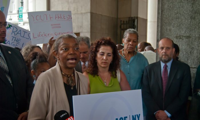 Sen. Velmanette Montgomery (D-Brooklyn) speaks at a rally in New York City on July 11 calling to change the law in New York state that tries 16- and 17-year-olds as adults. Montgomery said the Democratic state senators will make revising the law a top priority. (Joshua Philipp/Epoch Times)