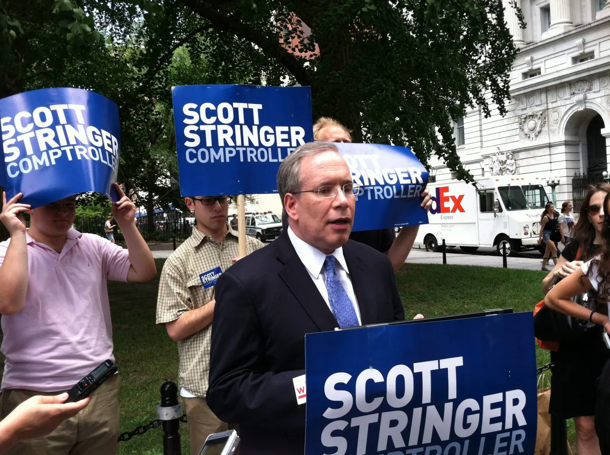 Comptroller candidate Scott Stringer addresses the media near City Hall Park in Manhattan on July 15, 2013. (Kristen Meriwether/EpochTimes)