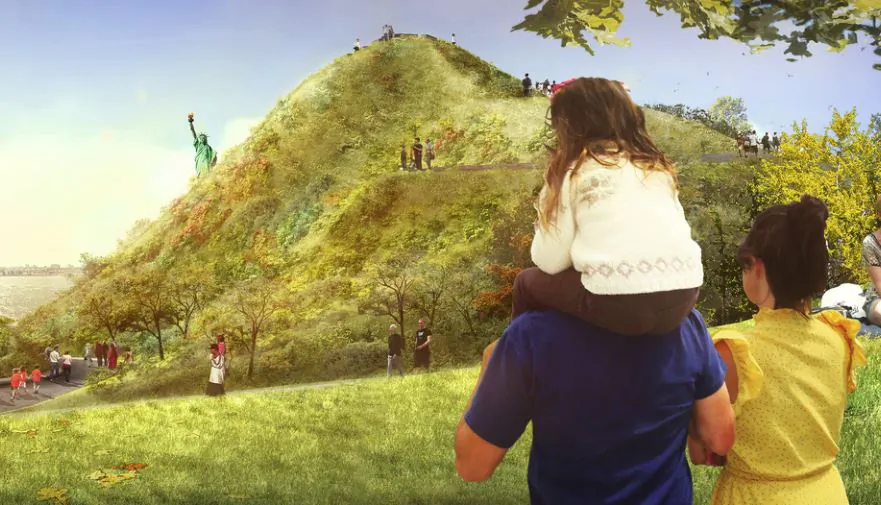 A family watches the Statue of Liberty emerging behind a hill on Governor's Island in New York in this photo rendering. The project will install four hills on governor's island. (The Epoch Times)