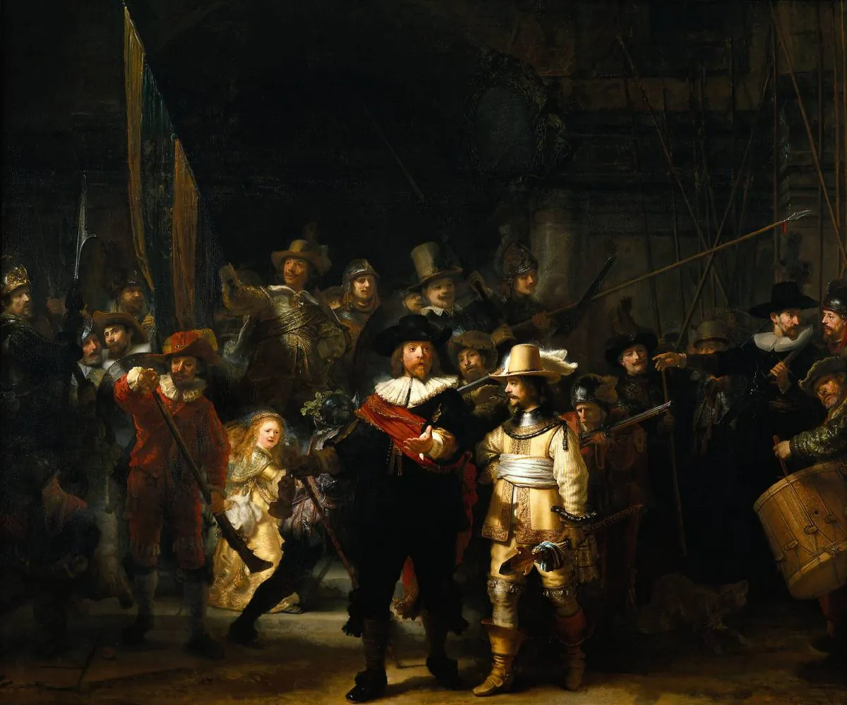 The Company of Frans Banning Cocq and Willem van Ruytenburch, known as the ‘Night Watch’. by Rembrandt van Rijn in 1642. Oil on canvas, 149.4 in. by 178.5 in. (rijksmuseum)