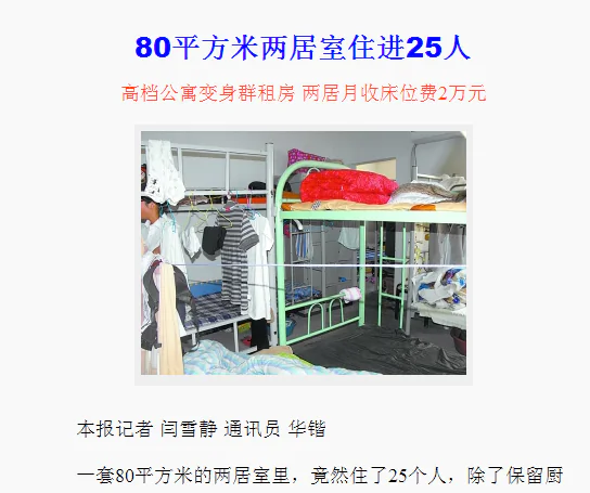 A screengrab of the state-run Beijing Daily's Monday report on the 25 students living in an 861 square feet apartment in downtown Beijing. Landlords squeezed 25 college students into a cramped, fetid apartment, charging each person $130 (800 yuan) for a bunk bed.
(Beijing Daily)