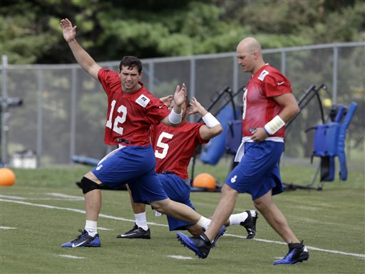 Indianapolis Colts quarterback Andrew Luck (12), along with fellow quarterbacks Matt Hasselbeck, right, and Chandler Harnish, stretch during practice at the NFL team's football training camp in Anderson, Ind., Sunday, July 28, 2013. (AP Photo/Michael Conroy)