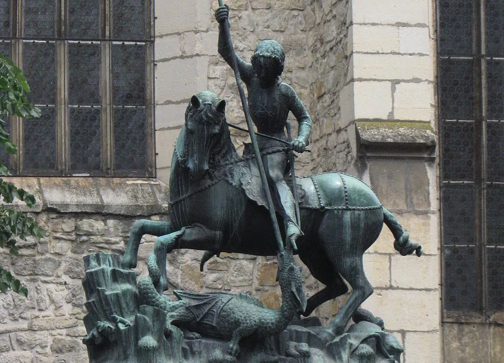 A copy of the statue of St. George Slaying the Dragon in Cluj, Romania. Bronze, erected in 1904. (Wikimedia commons)