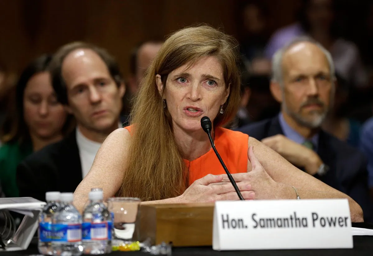 Samantha Power, President Obama's choice to replace Susan Rice as U.S. Ambassador to the United Nations, at a confirmation hearing before the Senate Foreign Relations Committee on July 17, 2013. (Win McNamee/Getty Images)