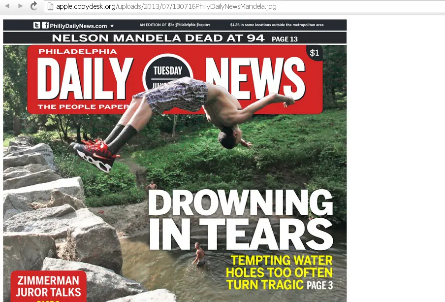A screenshot of Charles Apple's blog shows the purported Philadelphia Daily News front page gaffe.