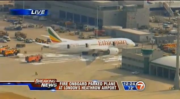 The Ethiopian Airlines plane that was on fire on July 12, 2013, at London's Heathrow Airport. (Screenshot/YouTube)