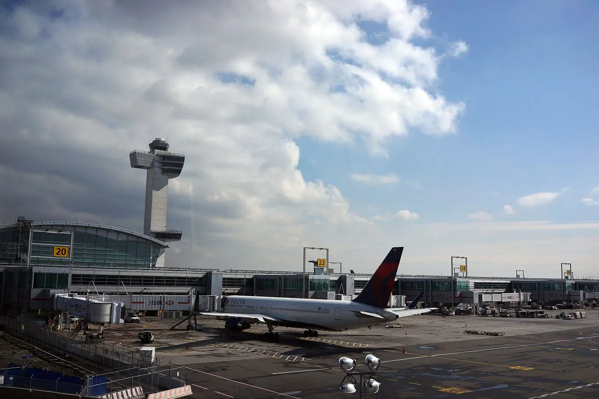 A plane waits at John F. Kennedy Airport on February 28 in New York City. A suspicious package with a strange odor was found by postal workers at the airport on Aug. 11. (Spencer Platt/Getty Images)