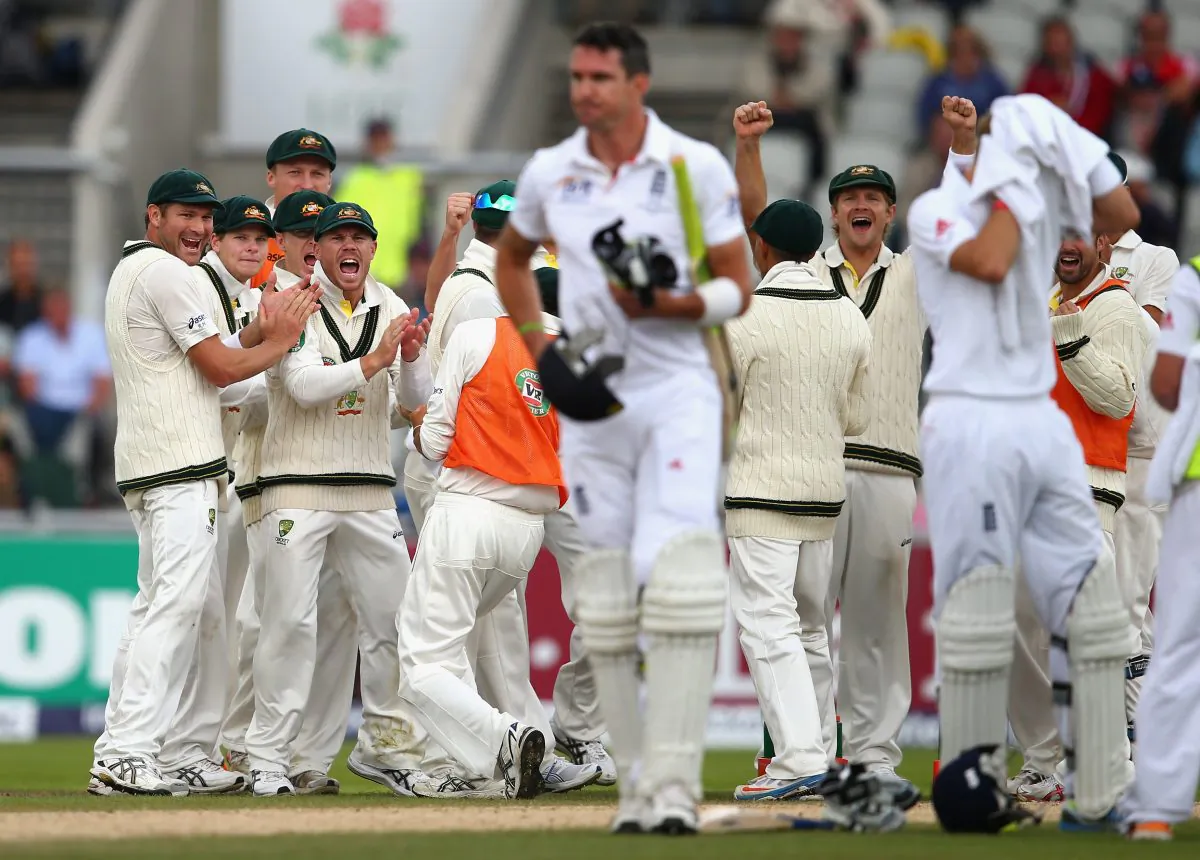 England were on 27 runs for 2 when more trouble struck ... The Australians celebrate after Peter Siddle claimed the third England wicket, Kevin Pietersen, during day five of the third Ashes Test match at Old Trafford Cricket Ground in Manchester, England on Aug 5, 2013. Four overs later rain stopped play, the match was drawn, England retained the Ashes. (Ryan Pierse/Getty Images)