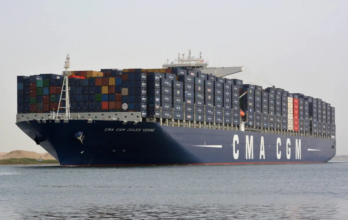A picture taken on May 30 from the Egyptian port of Ismailia shows a French container ship crossing the Suez Canal. (STR/AFP/Getty Images)