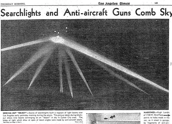 The original article in L.A. Times describing the scene on Feb. 24, 1942 where the U.S. military fired 1,400 12.8-pond of shells into the Los Angeles Sky. (L.A. times archive)