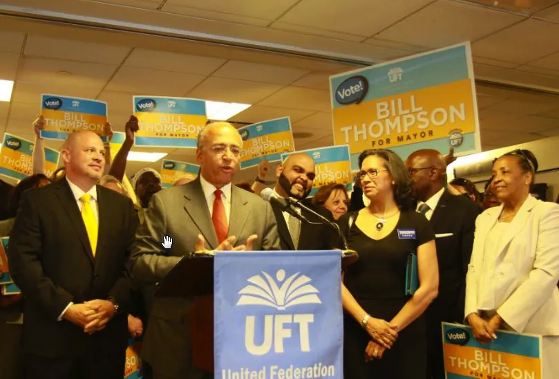 Bill Thompson speaks after being endorsed for New York City mayor by the United Federation of Teachers on June 19, 2013. (Ivan Pentchoukov/Epoch Times) 