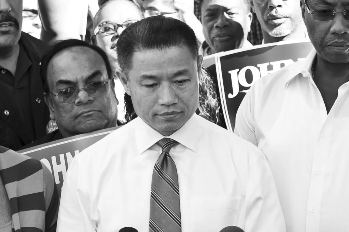 John Liu responds to the Campaign Finance Board denying his mayoral campaign $3.5 million in public matching funds outside the city comptroller’s office in New York on Aug. 5. (Samira Bouaou/Epoch Times)