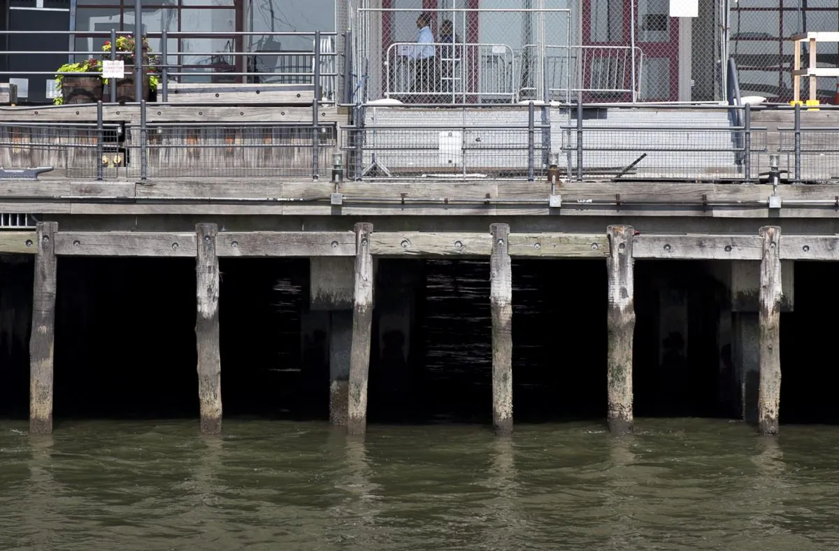 Wooden pier pilings at South Street Seaport, New York City, on Aug. 23, 2013. (Samira Bouaou/Epoch Times)