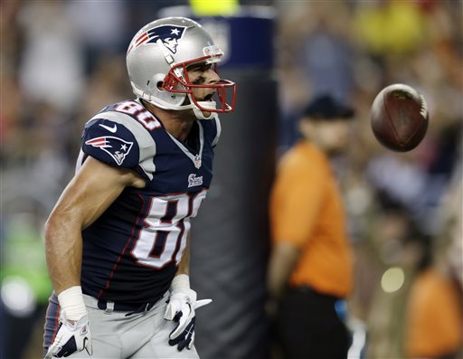 New England Patriots wide receiver Danny Amendola celebrates his touchdown catch in the first quarter of an NFL preseason football game against the Tampa Bay Buccaneers on Friday, Aug. 16, 2013, in Foxborough, Mass. (AP Photo/Charles Krupa)