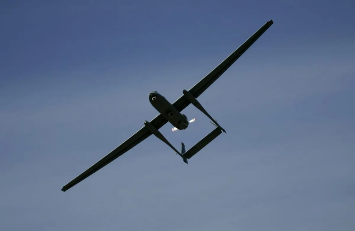 An Israeli army Heron TP drone, known locally as the Eitan, flies during a display at the Palmahim Air Force Base in Israel in this March 7, 2007, file photo. (Ariel Schalit/AP Photo)
