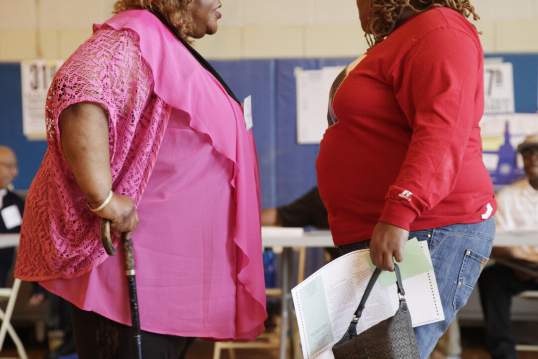 In this June 26, 2012 file photo, two women speak to each other in New York. A national telephone survey found 13 states with very high rates of obesity. A national telephone survey found 13 states with very high rates of obesity in 2012. But overall, the proportion of Americans deemed obese has been about the same for years now. Results were made available by the Centers for Disease Control and Prevention. "A plateau is better than rising numbers. But it's discouraging because we're plateauing at a very high number," said Kelly Brownell, a Duke University public policy expert who specializes in obesity. (AP Photo/Mark Lennihan)