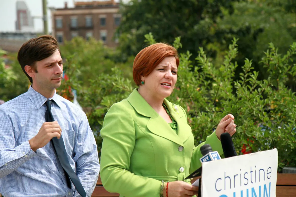 City Council Speaker and mayoral candidate Christine Quinn speaks about her proposal to open five all-girls science, technology, engineering, and math (STEM) schools, Brooklyn Bridge Park, New York City, Aug. 26, 2013. (Ivan Pentchoukov/Epoch Times)