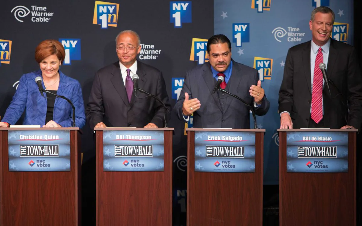 Democratic candidates for Mayor of New York City, from left, Christine Quinn, Bill Thompson, Erick Salgado, and Bill de Blasio participate in the first Democratic mayoral primary debate at the Town Hall Wednesday, Aug. 21, 2013 in New York. (AP Photo/The New York Times, Ruth Fremson)