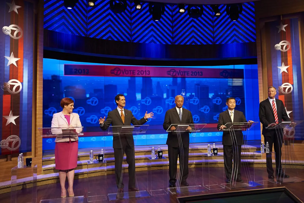 New York City Democratic mayoral candidates participate in the first primary debate for New York City mayor in the WABC/Channel 7 studios on Tuesday, Aug. 13, 2013 in New York, N.Y. From left are Christine Quinn, Anthony Weiner, Bill Thompson, John Liu, and Bill de Blasio. (AP Photo/New York Daily News, James Keivom)