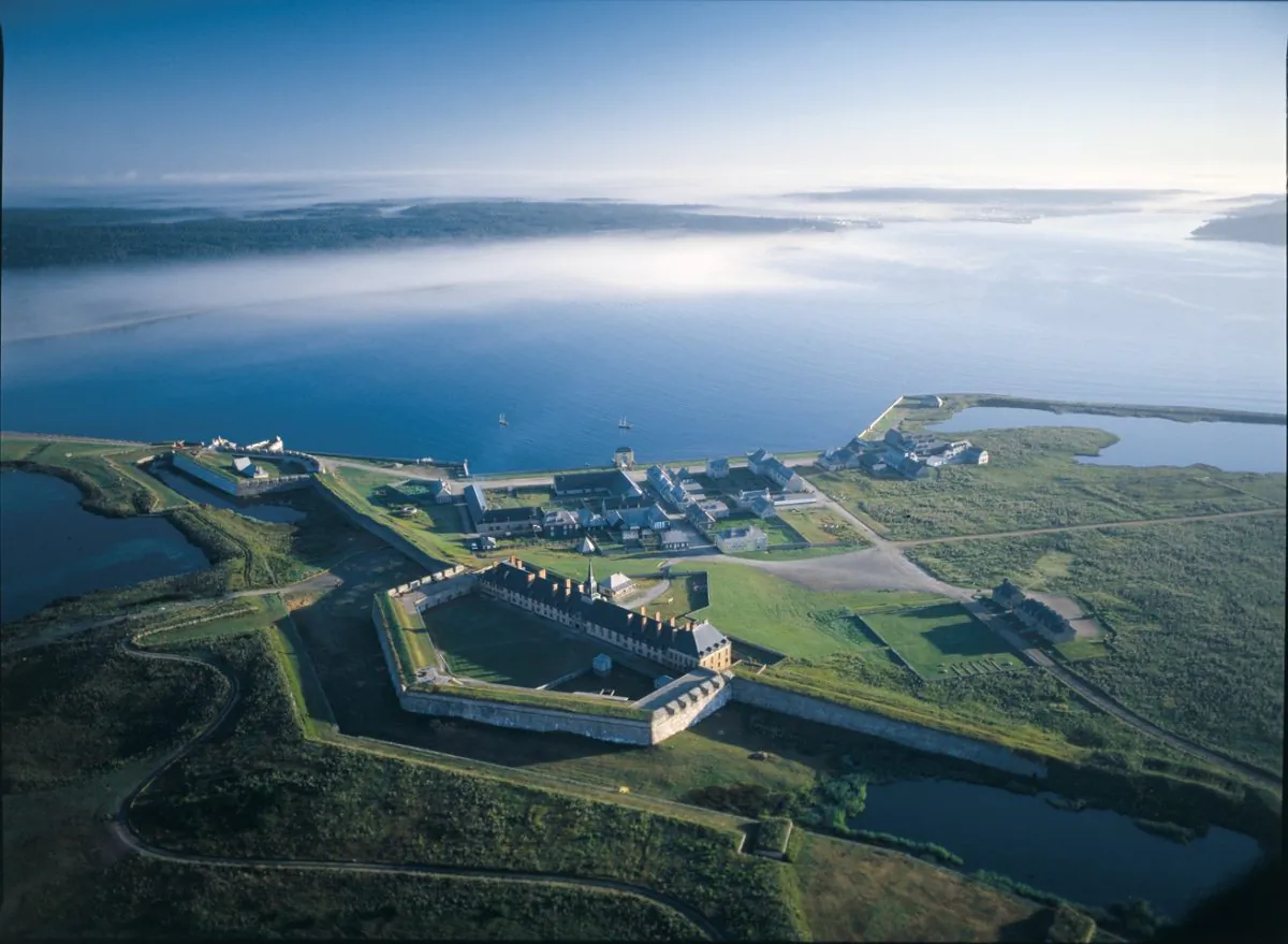 An aerial view of the Fortress of Louisbourg National Historic Site, including a partial reconstruction of the town as it was in the 1740s. (Courtesy Parks Canada)