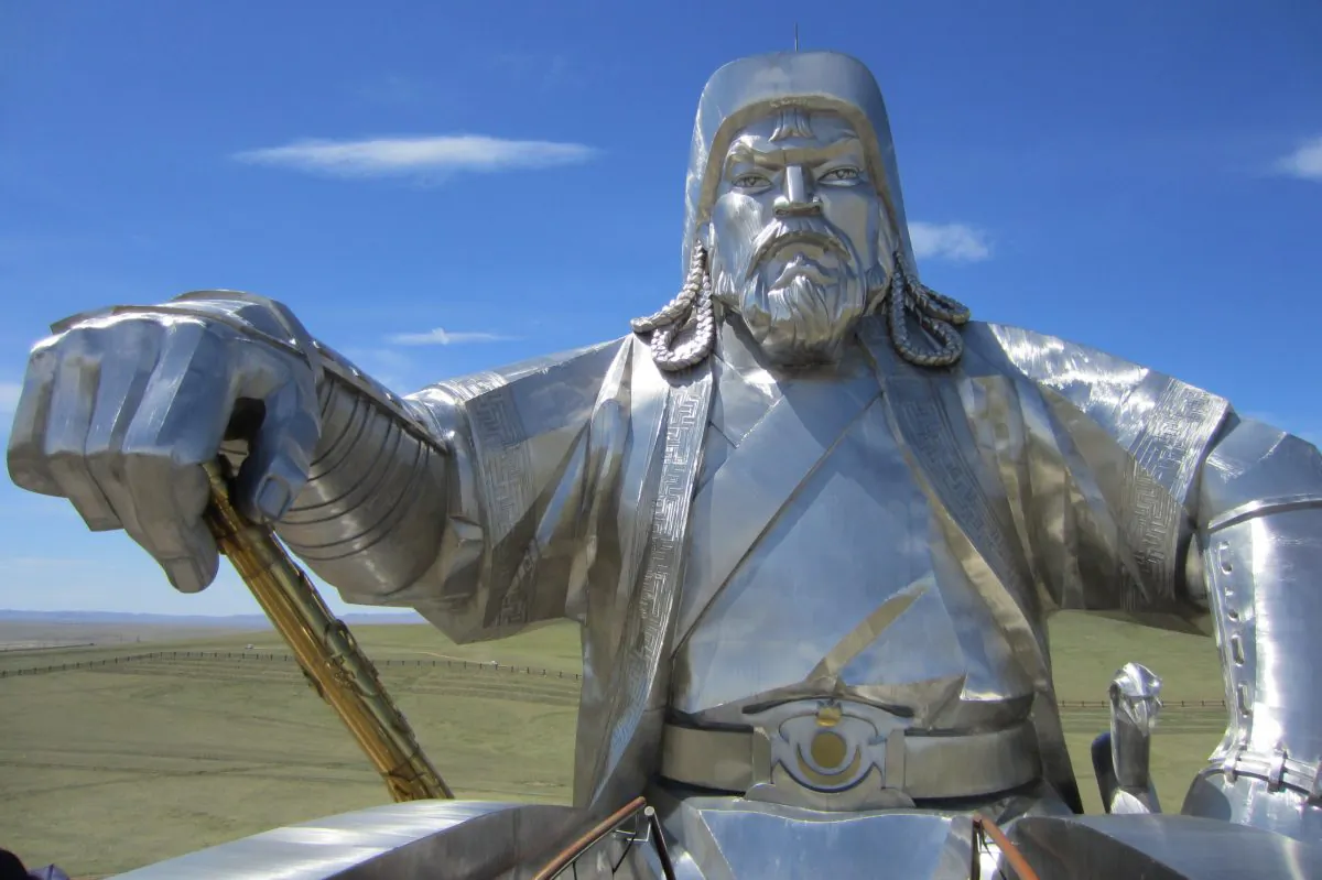 The massive 131-foot-tall, 250-ton stainless steel statue of Genghis Khan 30 miles from Ulan Bator, the capital of Mongolia.(Giannella M. Garrett)