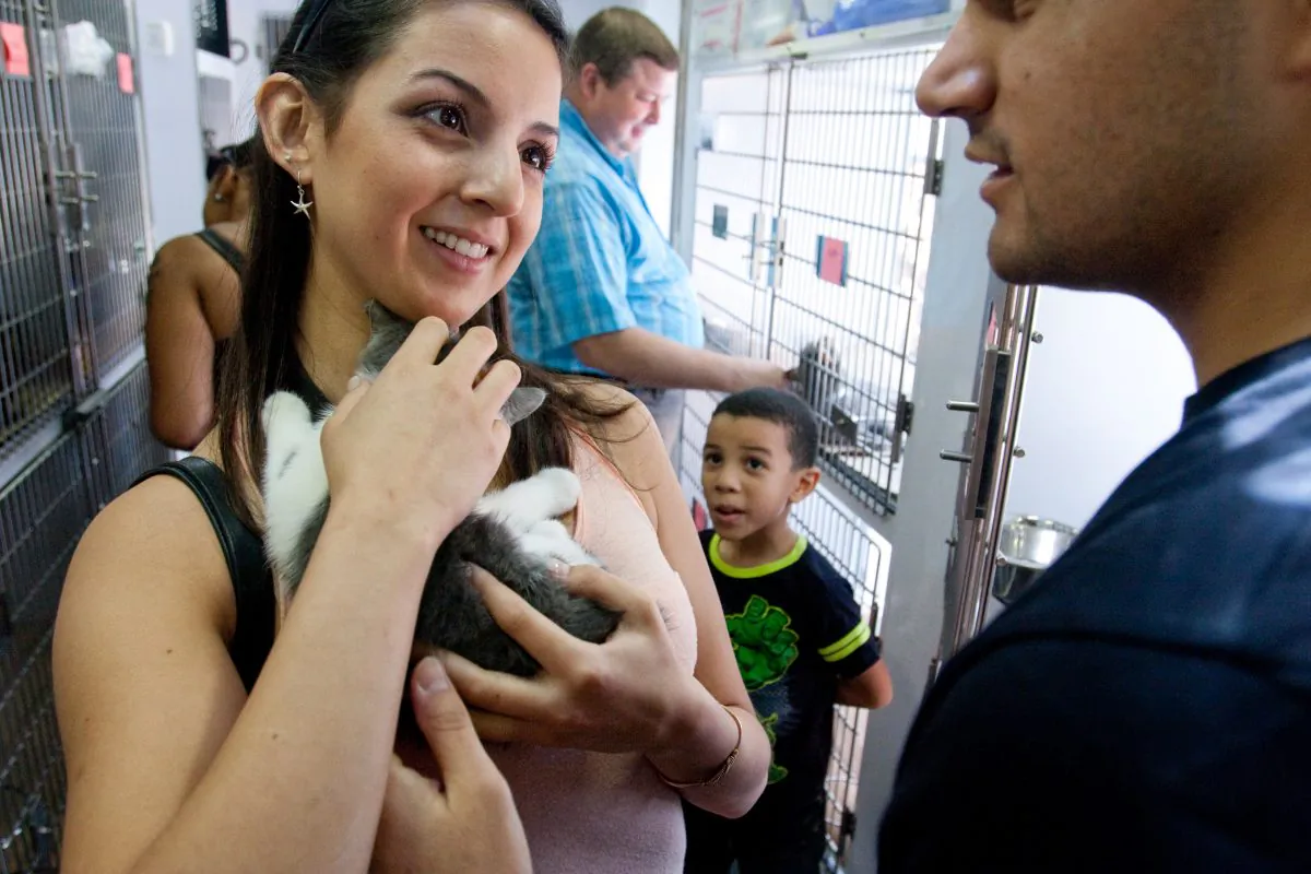 Passersby decide whether to adopt shelter animals from the Animal Care & Control (ACC) trailer set up at Ecofest at Times Square, New York City, Aug. 25, 2013. (Robert Counts/Epoch Times)