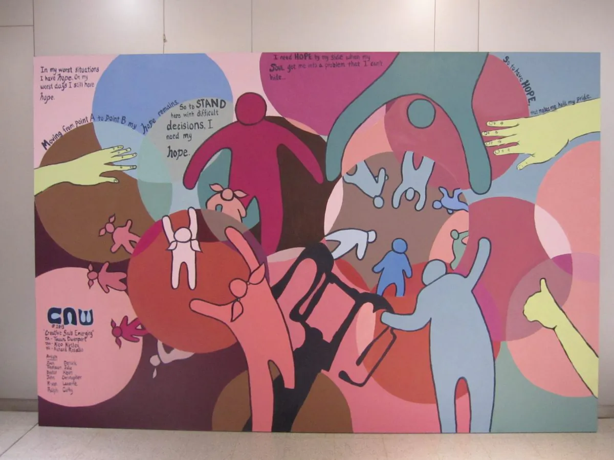 One of three murals, collectively titled "Justice Restored," created by participants of the Summer ArtWorks program of the Creative Art Workshops (CAW). It was on display at Atrium Shops and Cafes on 601 Lexington Avenue on August 13, 2013. (Leo Timm/Epoch Times)