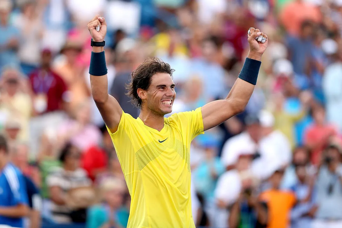 Rafael Nadal of Spain celebrates his win over Tomas Berdych of Czech Republic during the semifinals of the Western & Southern Open on August 17, 2013 at Lindner Family Tennis Center in Cincinnati, Ohio. (Matthew Stockman/Getty Images)
