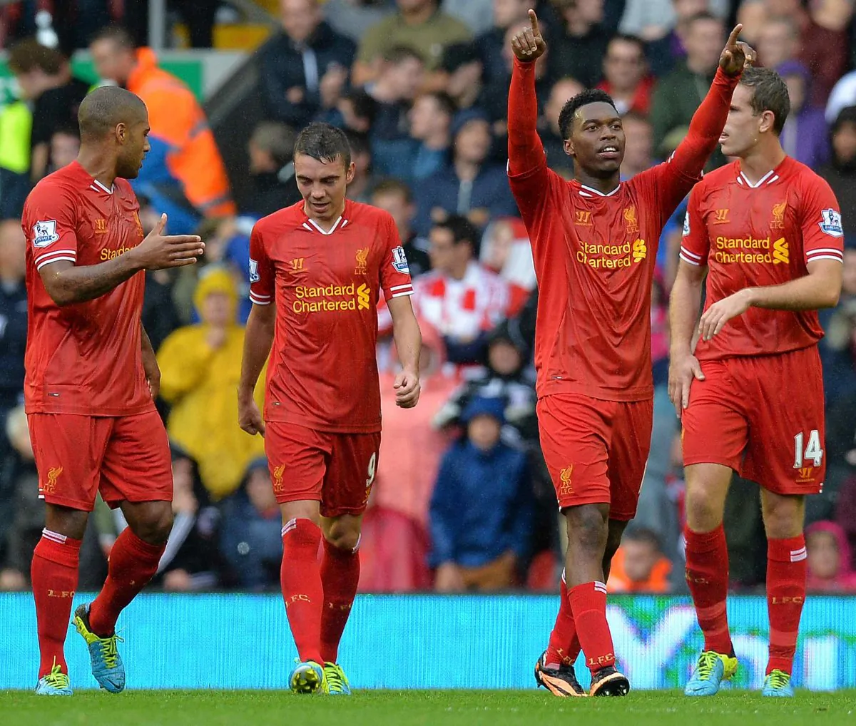 Liverpool's Daniel Sturridge celebrates his opening goal against Stoke City at Anfield in Liverpool, England on Aug. 17, 2013. (Andrew Yates/Getty Images)