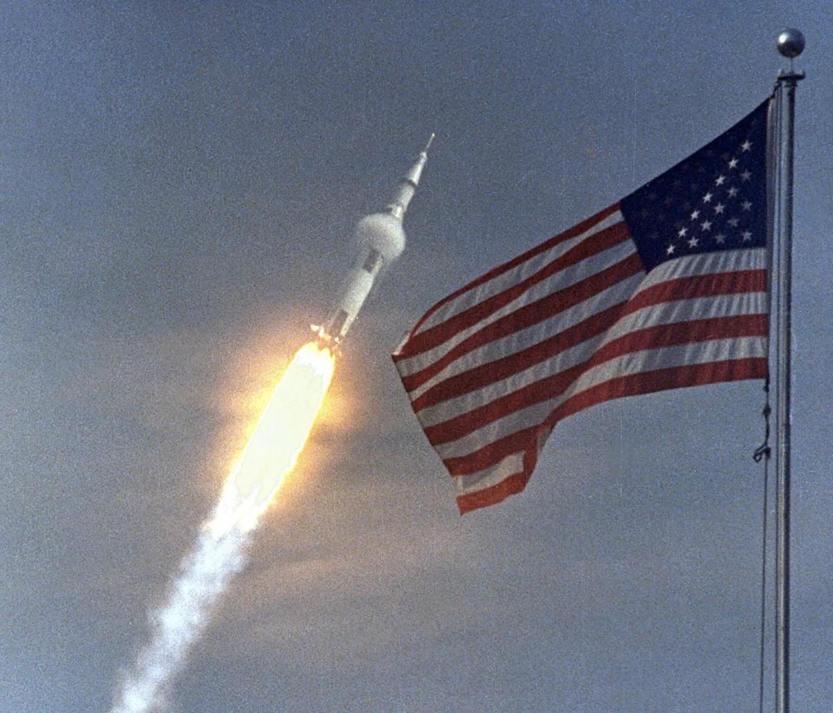 In this NASA handout picture taken on July 16, 1969, the American flag heralds the flight of Apollo 11, the first lunar landing mission. (AFP/Getty Images)