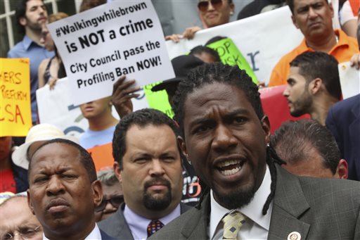 New York City councilman Jumaane Williams  speaks during a rally on the steps of City Hall, Thursday, Aug. 22, 2013 in New York. New York City council members say they will make history with a vote to override Mayor Michael Bloomberg's vetoes on police oversight bills. At a rally on Thursday before the vote, activists cheered and held signs that read "override." (AP Photo/Mary Altaffer)