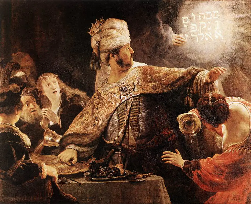 Belshazzar, in charge of Babylon, while his father, King Nabonidus, is abroad, gets a warning by a ghost hand on a wall. First stunned, he then continues his immoral lifestyle and gets killed the same night, while the Persian king Cyrus conquers Babylon. “Belshazzar’s Feast,” by Rembrandt, 1635. (Art Renewal Center)