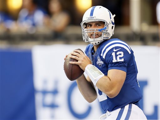 Indianapolis Colts quarterback Andrew Luck throws before a preseason NFL football game against the Cleveland Browns in Indianapolis, Saturday, Aug. 24, 2013. (AP Photo/AJ Mast)