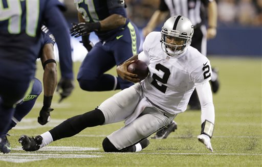 Oakland Raiders quarterback Terrelle Pryor (2) slides to safety after keeping the ball in the first half of an NFL preseason football game against the Seattle Seahawks, Thursday, Aug. 29, 2013, in Seattle. (AP Photo/Elaine Thompson)