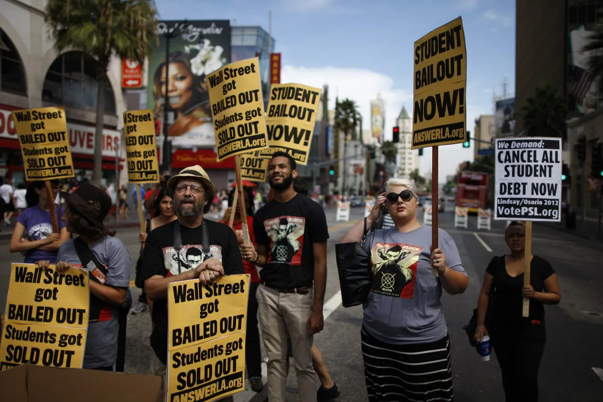 Students protest the rising cost of student loans in Los Angeles, Calif., in 2012. (David McNew/Getty Images)
