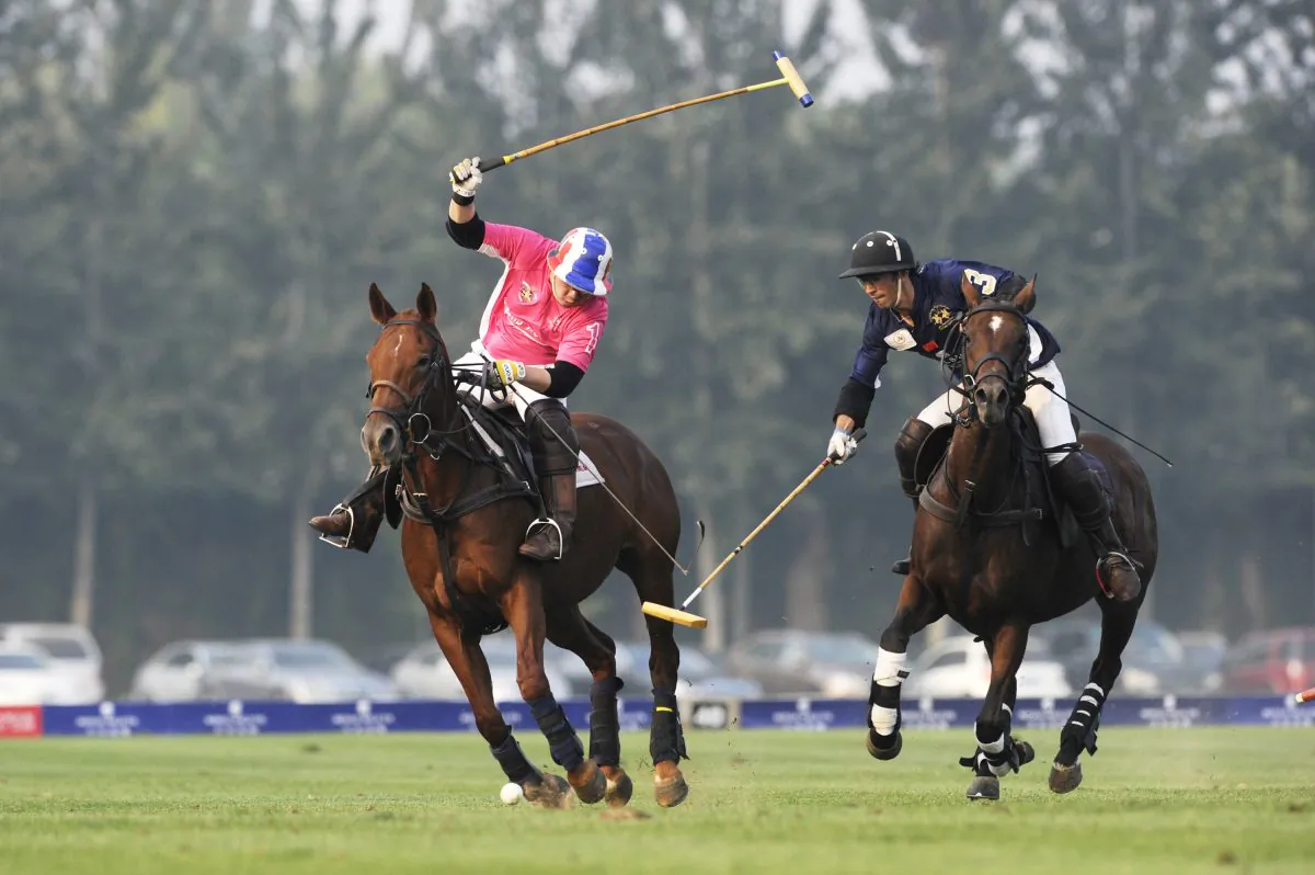 This picture taken on Sept. 23, 2012 shows competitors from Thailand (L) and China fighting for the ball during the Royal Salute Gold Cup 2012 China Open polo tournament in Beijing. China's wealthiest want their children to learn to play polo as preparation for leaving China and living in the West. (Wang Zhao/AFP/GettyImages)