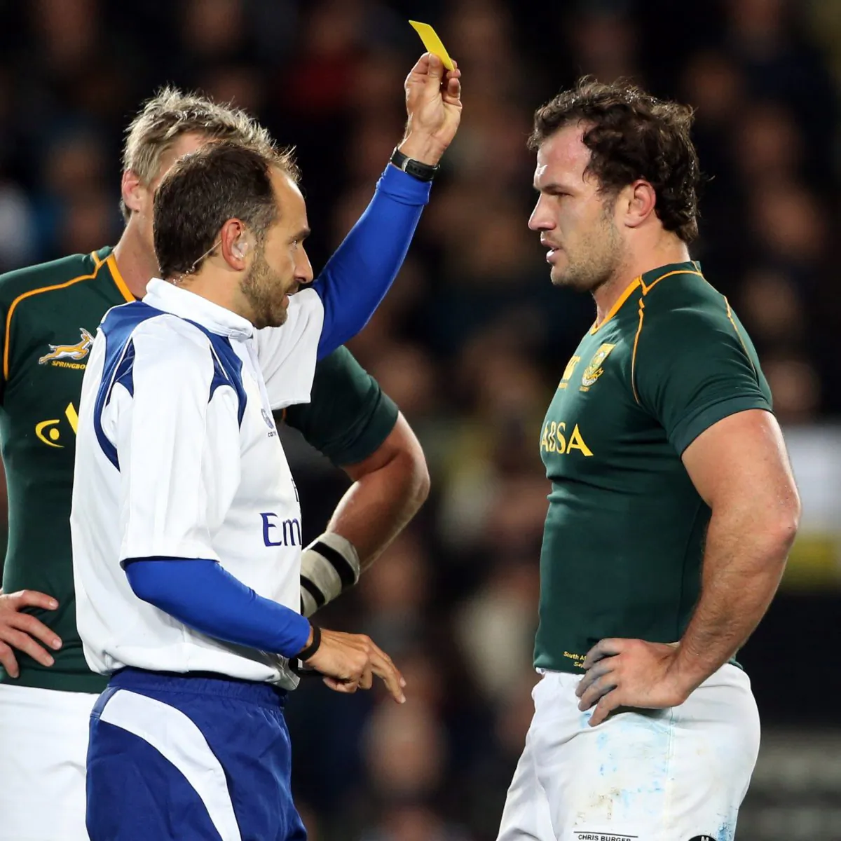 South Africa Springbok hooker Bismarck du Plessis receives his first yellow card during their Rugby Championship match against New Zealand All Blacks at Eden Park Auckland New Zealand on Sept 14, 2013. (MICHAEL BRADLEY/AFP/Getty Images)