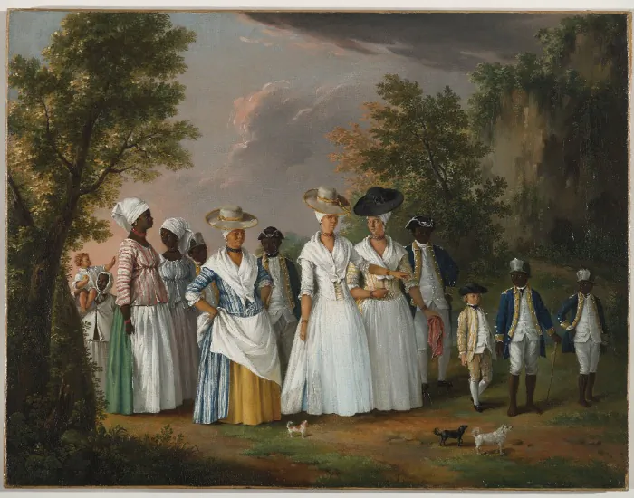 "Free Women of Color with Their Children and Servants in a Landscape," circa 1770–96. By Agostino Brunias (Italian, circa 1730–1796), who wanted to document the spectrum of racial backgrounds on the island of Dominica. Oil on canvas, 20 inches by 26 1/8 inches. (Courtesy of Brooklyn Museum)
