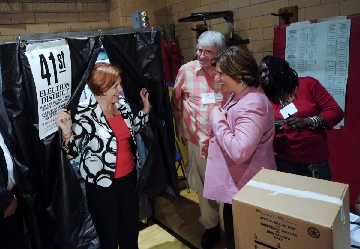 Democratic mayoral hopeful Christine Quinn exits the polling booth after casting her ballot on Primary Day, September 10, 2013, in New York City. (Photo courtesy Quinn Campaign)